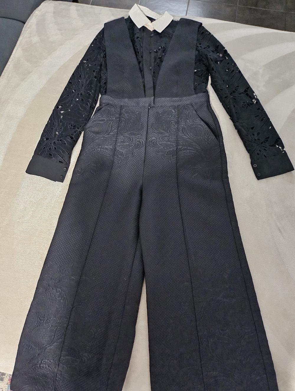 Self-Portrait Black Embossed Wide-Leg Suspender Jumpsuit